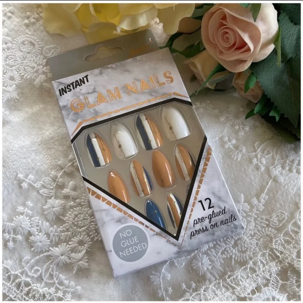 Instant Glam Nails 12 pc set Orange Blue Stripes